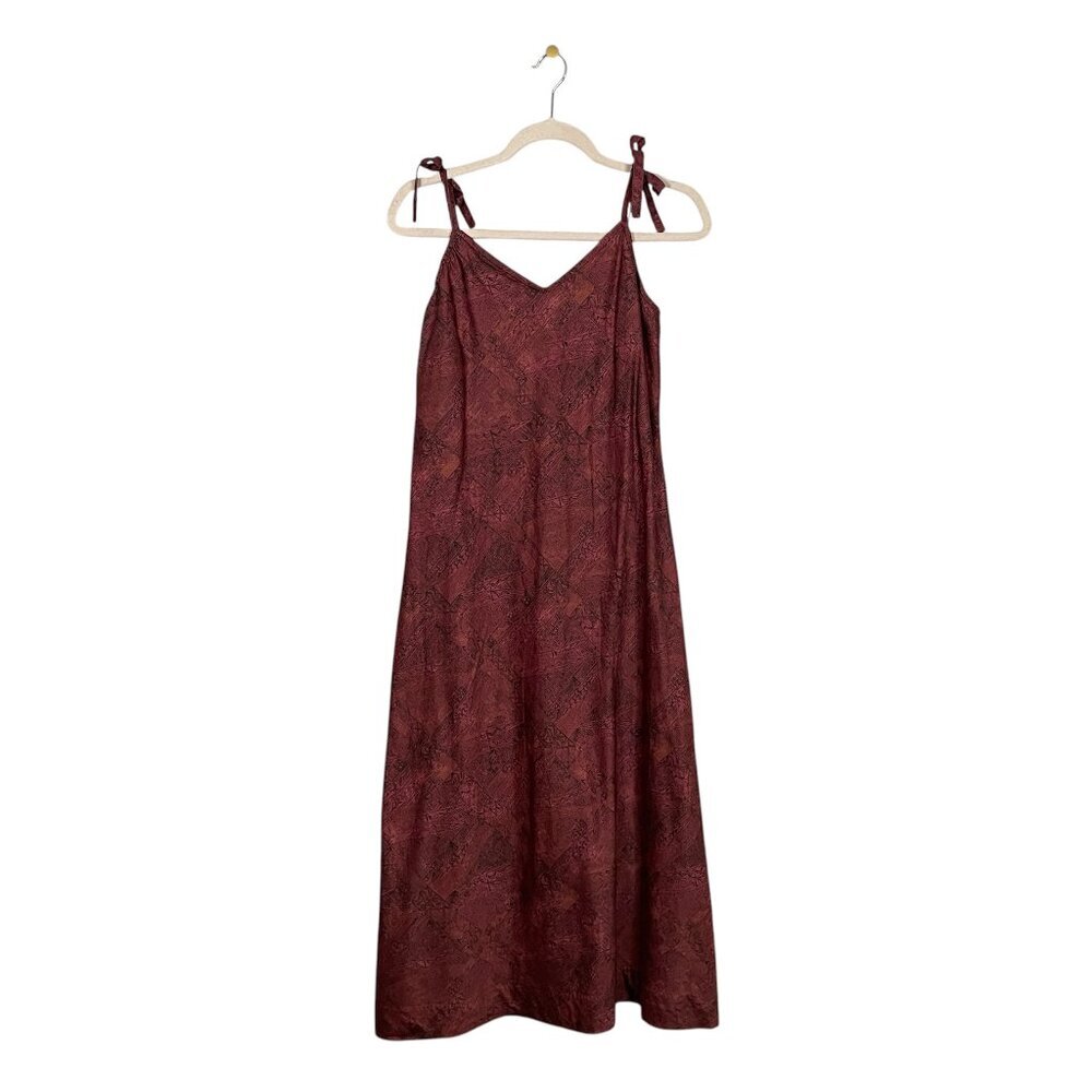 Peruvian Connection Women M Maroon Black Printed Dress Shoulder Tie Strap Cotton